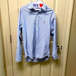 Blue and white casual button up.